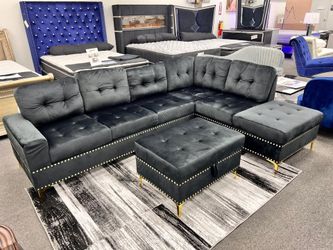 Brand New Contemporary Style Velvet Sectional in Black/Gold with Storage Ottoman