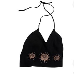Women’s Black Halter Top, Sun Design, Size Medium 