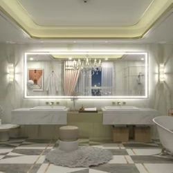 84 in. W x 32 in. H Rectangular Frameless Front & Back LED Lighted Anti-Fog Tempered Glass Wall Bath