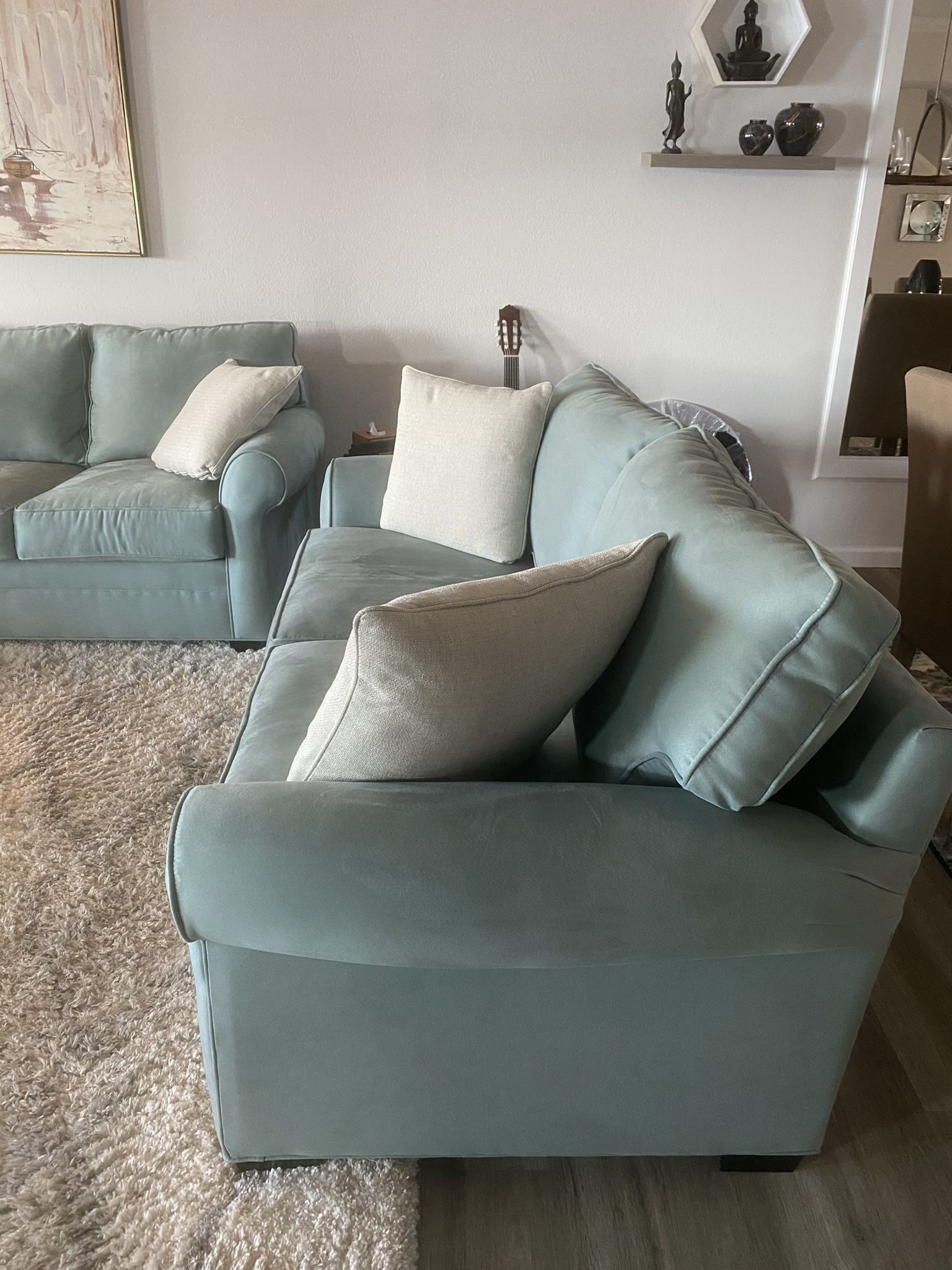 Cindy Crawford Teal Ultra suede Sofa & Loveseat