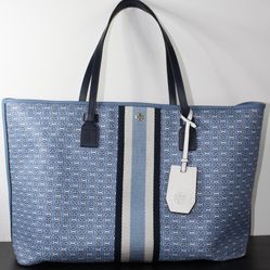 Tory Burch Gemini Link Striped Canvas Tote Bag Blue White