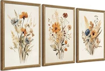 Framed Floral Country Farmhouse Watercolor Flower Print Canvas Wall Art - (Set of 3) 16 × 24 each