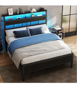 Full Size Bed Frame, Storage Headboard, LED & Charger, Black Oak