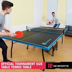 Official Size Indoor Table Tennis Pong Table, 4 Piece Foldable Design with Net, Paddles & Balls – Blue/Black