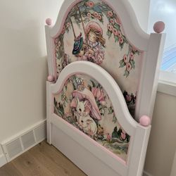 Solid Wooden Twin Size Girl Bed With Print/ bunny, princess / Pottery Barn Style 