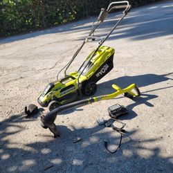 Ryobi Corded Lawnmower & 18v Cordless Battery String Trimmer.