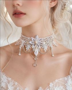 Handmade White Venise Lace Choker with Kanzashi Flower, Faux Pearls & Crystal Beads. Bridal Necklace