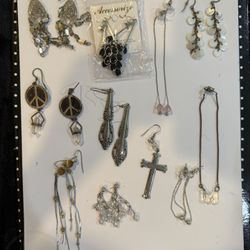 Vintage 90s 11 pairs silver costume earrings collection dangling Silver spoon, cross, chains, crystals, tiger eye, chandelier, mother of pearl
