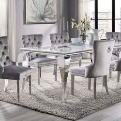 Brand New Glam White Gray Chrome Stainless Steel 7pc Dining Table Set