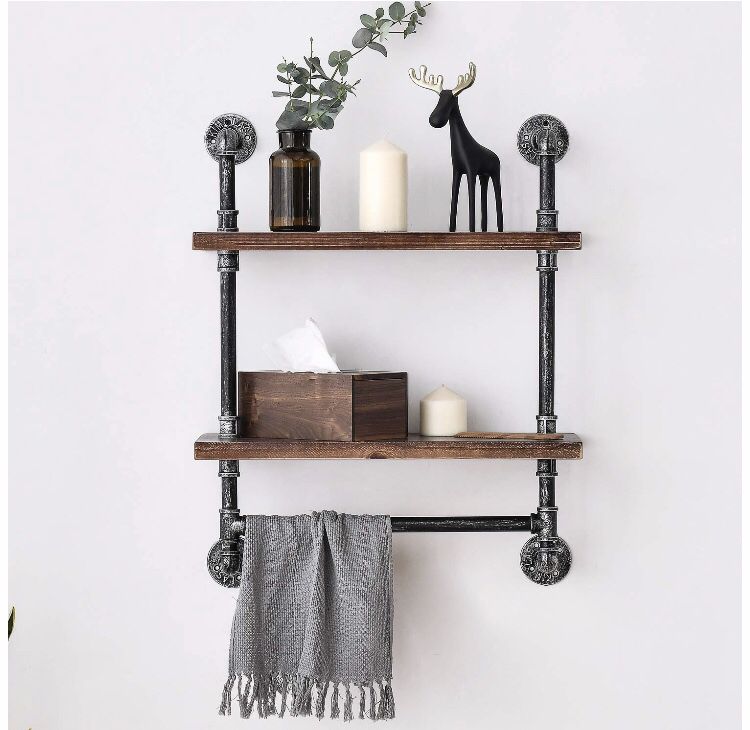 Industrial Pipe Shelf 2 Tier Wall Shelves With Towel Bar 24 in