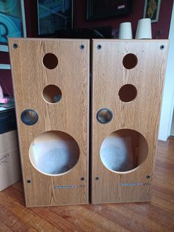 Empty JVC SP-95 Home stereo speaker cabinets with cloth grille covers