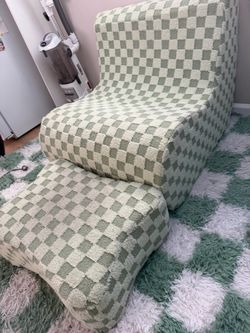 Green Checkered Accent Chair with Ottoman