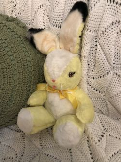 Vintage Stuffed Easter Bunny Toy, 12" Yellow Rabbit w/ Pink Eyes by Trudy Toys, Stuffed Animal / Plushie