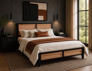 Queen Size Rattan Bed Frame with Headboard, Boho Metal Platform Bed.