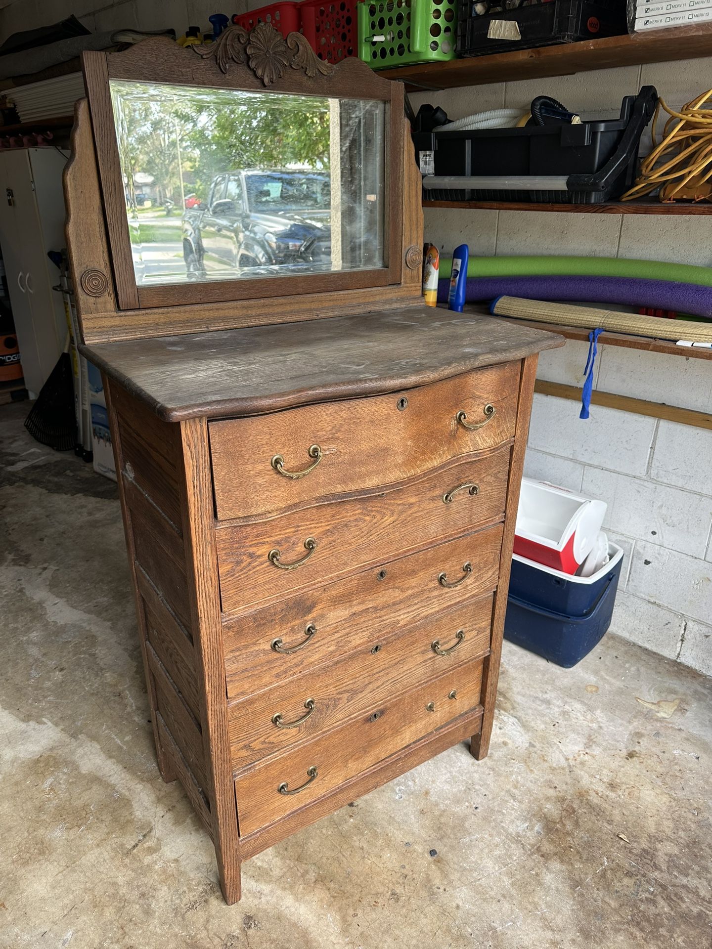 Antique tall boy, dresser with mirror