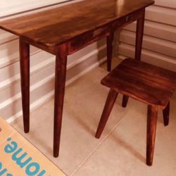 Space Saving Desk Console Entrance Table Drawers Stool Office Computer IMac Laptop Books Work Home Office Brown Wood Cherry With Matching Stool 