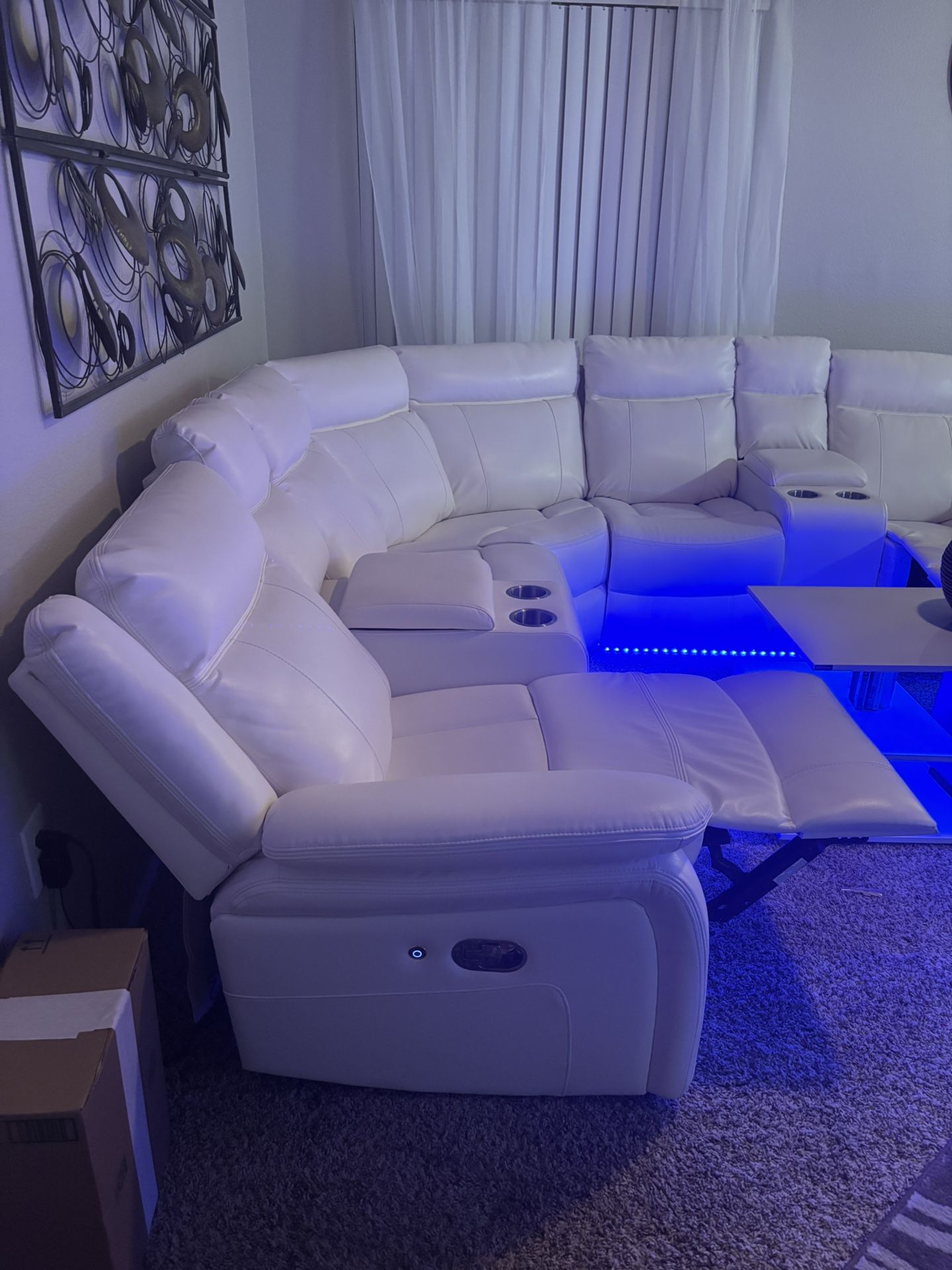 White Leather Sectional Recliner With LED lights