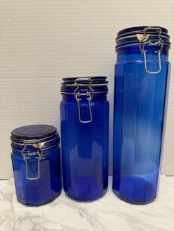 Set of 3 Vintage Cobalt Blue Glass Canisters