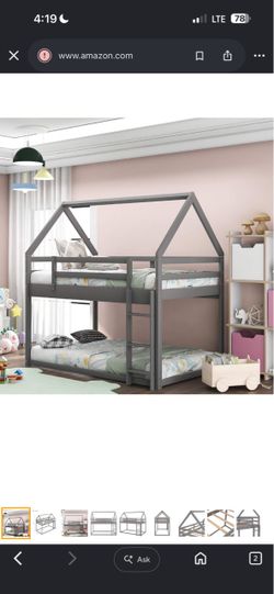 Gray Wood House Bunk Bed Twin over Twin