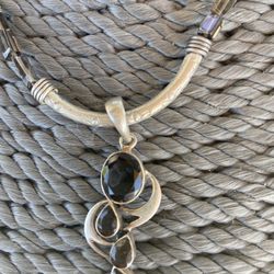 Smokey Quartz Necklace With Beveled Stones In Pendant And Sterling Silver Findings 