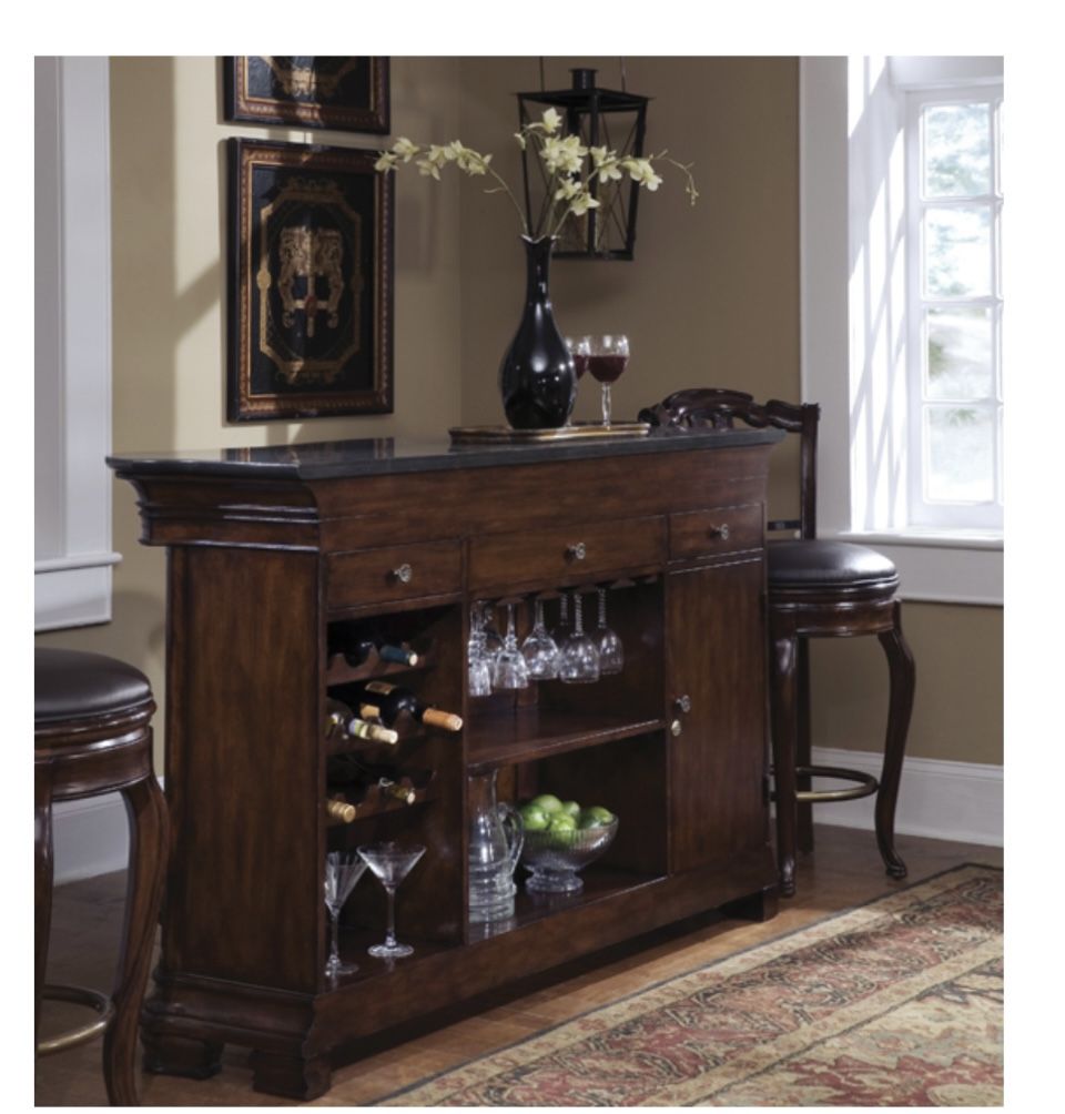 High End $3500 Pulaski Furniture Wooden Bar With Granite Top And 2 Bar Stools 