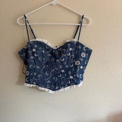 Shyanne Denim Blue Embroidered Lace-Trim Camisole