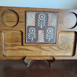 Vtg MCM 1970s Oak Hardwood Charcuterie Board w/ Floral Dandelion Tile  Art