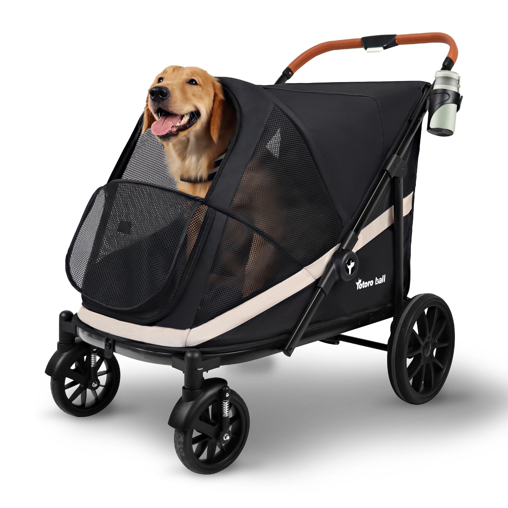Totoro Ball Dog Stroller For Large Dogs One-Click Folding 4 Wheel Foldable Dog Stroller For 2 Dogs With Storage Pocket Suitable For Pets Up To 110LBS 