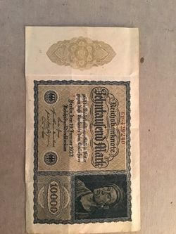 Vintage 10,000 Mark Reichsbanknote From Germany Dated Jan. 19, 1922