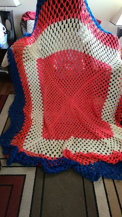 Hand Knitted Red White & Blue Hand Knitted Blanket