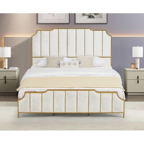 Velvet Platform Bed with Headboard, Upholstered Golden Bed Frame with Wooden Slats