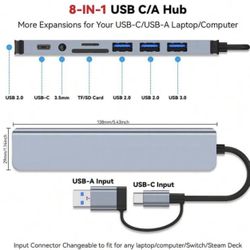 8-1n-1 USB C/A Hub with Multiple Ports (Compatible with Laptops, PC, Nintendo Switch)