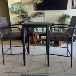 Table And  Two Rattan Stools Chairs 