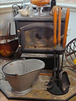 MCM Cast Iron Fireplace Tool Set with Wood Handles and Galvanized Ash Bucket
