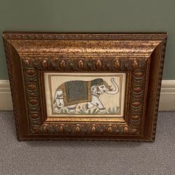 Iconic ELEPHANT etched w/Gold Leaf on Fine Silk & Framed in ORNATE WOOD (2 available) - firm price EACH, or BOTH for a little less (firm)