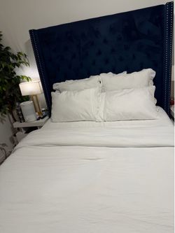 Bed frame with mattress  and box spring queen size blue and 2 nightstands