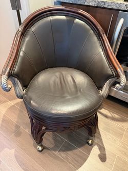Vintage Rattan Barrel Chair – Dark brown Upholstery & Brass Casters