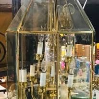 Vintage Octagon and Decagon Beveled Foyer Glass and Brass Chandelier Lamp