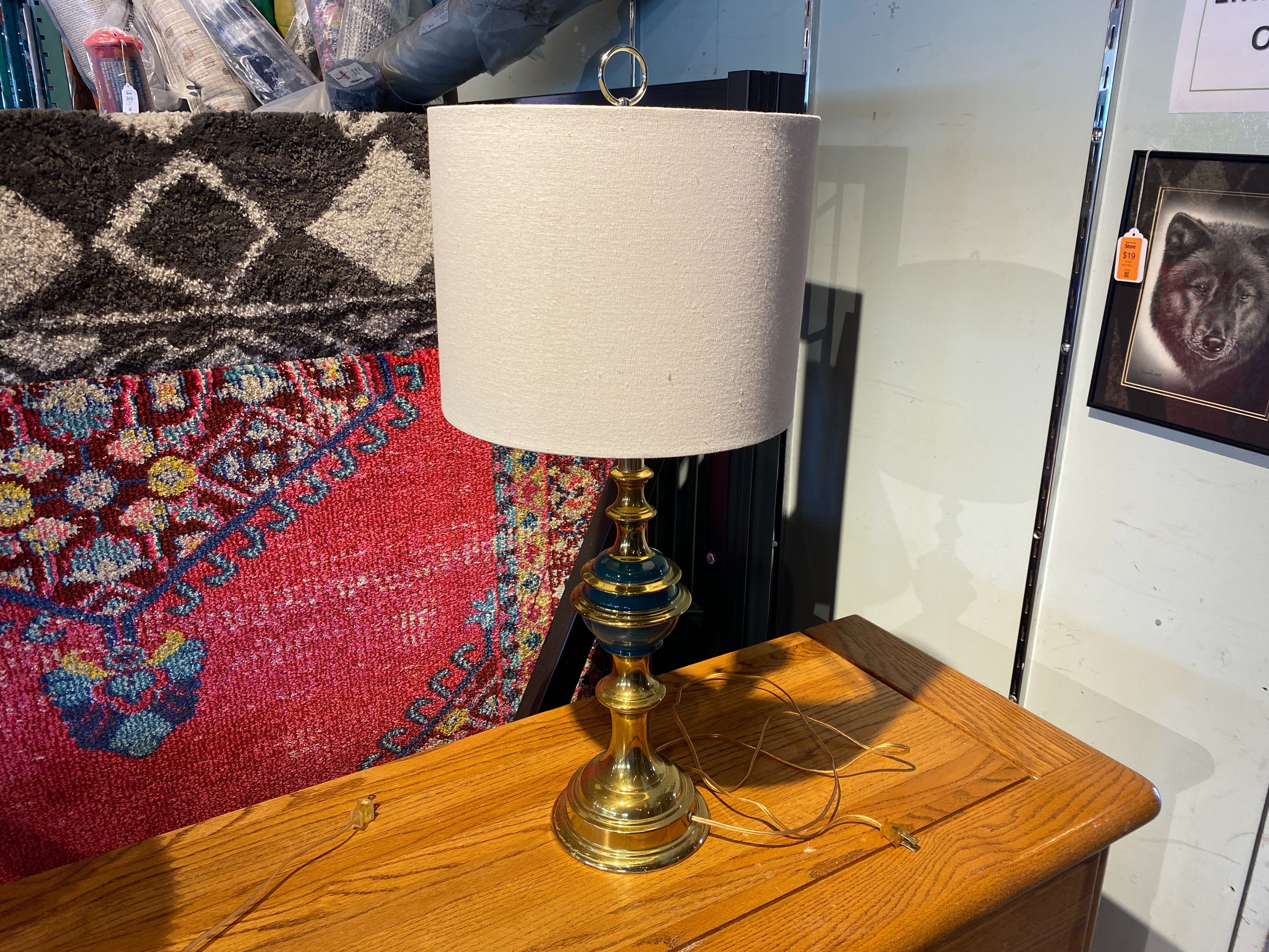 Brass and Teal Table Lamp with White Shade