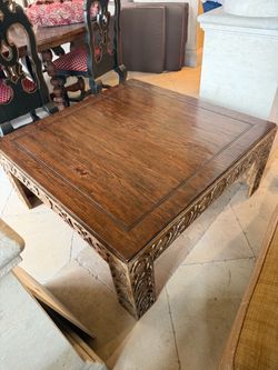 Ornate Hand-Carved Wood Coffee Table with Floral Details