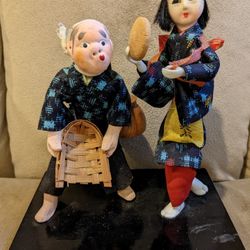 Japanese folk craft #13 Folk  Art Okame & Hyottoko vintage wooden and clay doll 