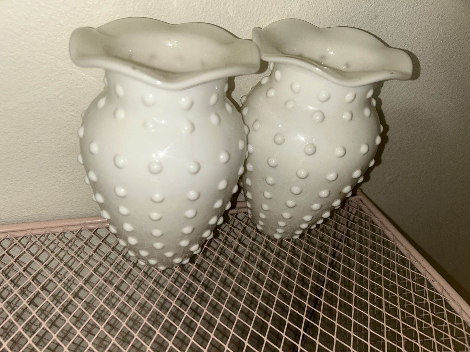 Set of Vintage Milk Glass Hobnail vases