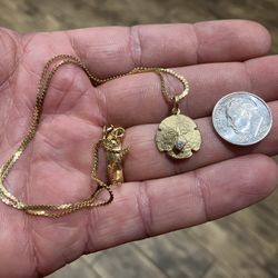 14K Solid Gold Sand Dollar Diamond Pendant Necklace 
