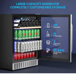 23.5 in. Beverage & Wine Combos with Glass Door, 37-64°F Cooling Under Counter Refrigerator, 15 Bottles & 118 Cans