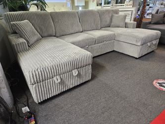 Brand new gray fur-like corduroy U sectional sofa sleeper with dual storage chaises