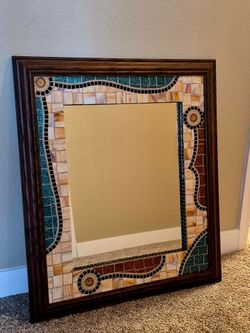 Large Handcrafted Mosaic Tile Wall Mirror – Dark Wood Frame