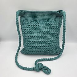 The Sak Crochet Handbag Woven Knit Crossbody Shoulder Purse Zip Close Boho Teal