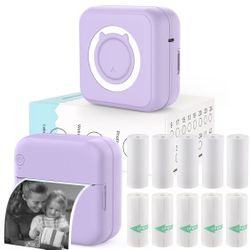 Mini Photo Printer - Portable Pocket Sticker Printers for iPhone Thermal Printer with 10 Rolls Thermal Paper for Photo, Memo, Journal - Purple