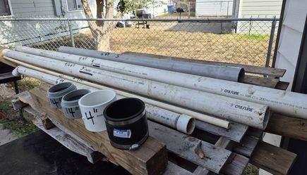 New/Used Different Size Width And Length PVC Pipes W/Some Connector Fittings (SEE PHOTOS  FOR SIZES AND MEASUREMENTS) TAKE ALL FOR $30.00