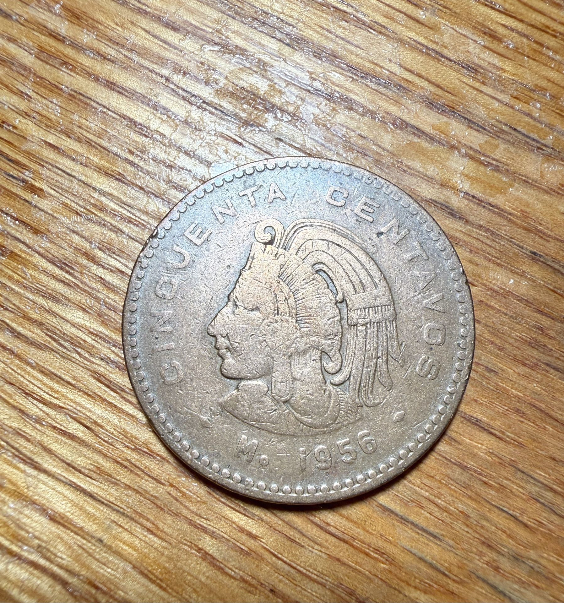 1956 Mo Mexico Cincuenta Centavos Coin - Large Bronze 50 Cent